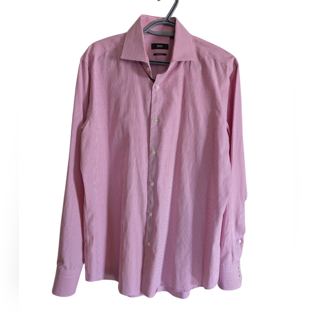 Hugo Boss Pink White Gingham Dress Shirt 42 16.5 Regular